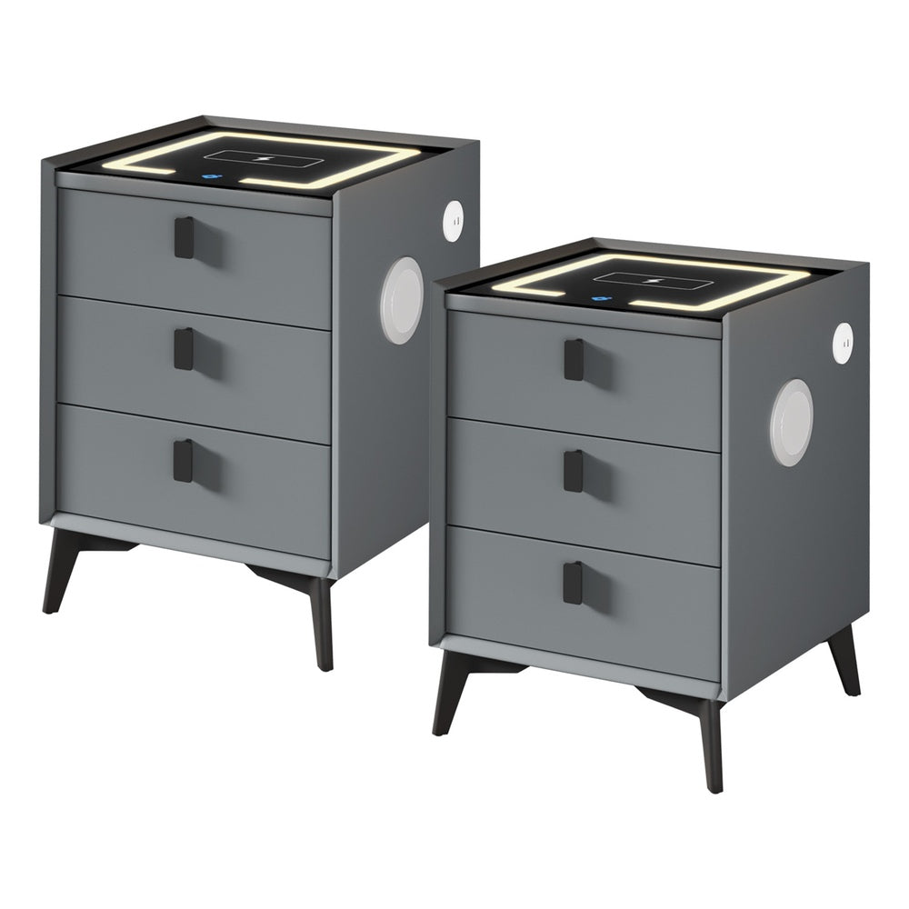 Oikiture 2x Smart Bedside Tables Wireless Charging LED 3 Drawers Grey