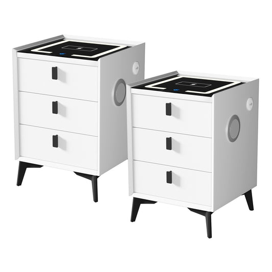 Oikiture 2x Smart Bedside Tables Wireless Charging LED 3 Drawers White