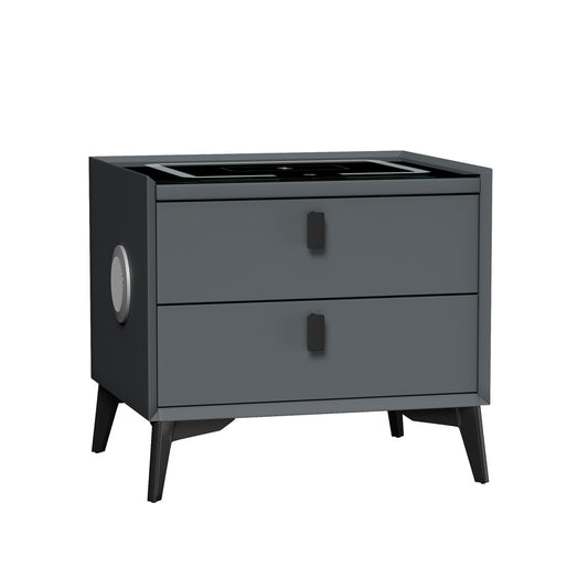Oikiture Smart Bedside Table Wireless Charging LED 2 Drawers Grey