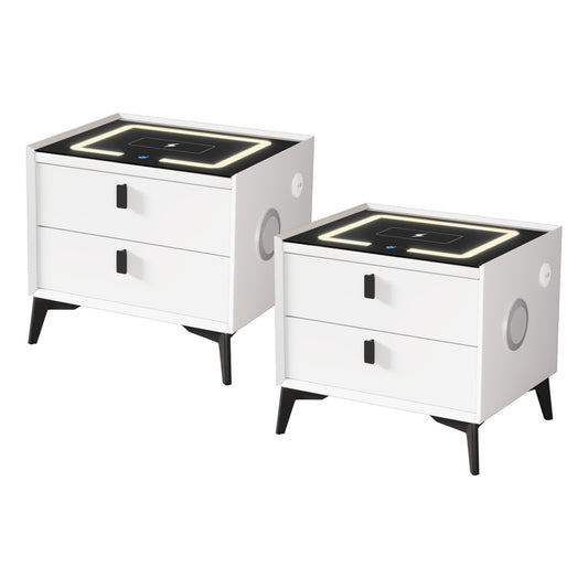 Oikiture 2x Smart Bedside Tables LED Wireless Charging Nightstand White