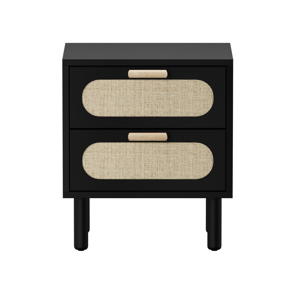 Oikiture Bedside Table 2 Drawers Rattan Black