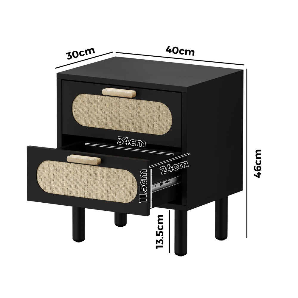 Oikiture Bedside Table 2 Drawers Rattan Black