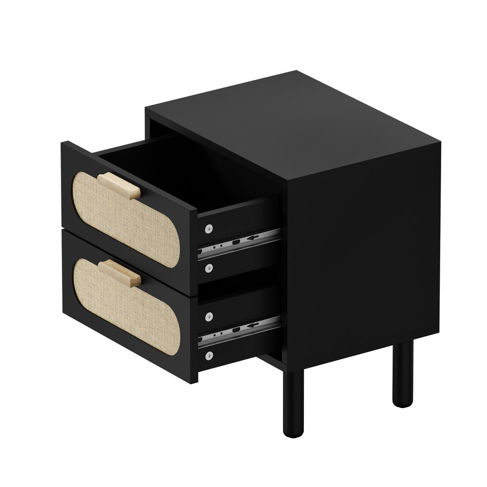 Oikiture Bedside Table 2 Drawers Rattan Black