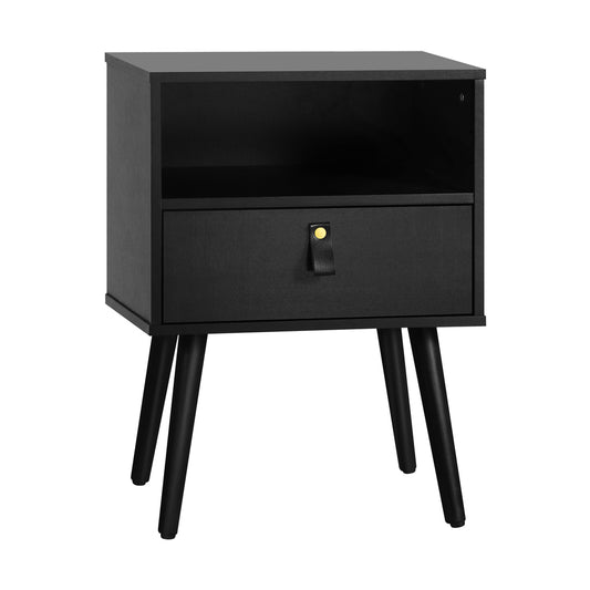 Oikiture Bedside Tables with Leather Handle Black