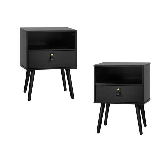 Oikiture 2X Bedside Tables with Leather Handle Black