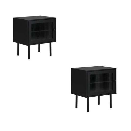 Oikiture 2X Bedside Tables Storage Cabinet Glass Door Black