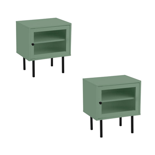 Oikiture 2X Bedside Tables Storage Cabinet Glass Door Green