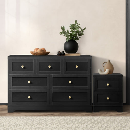 Oikiture 7 Chest of Drawers and Bedside Table Hamptons Furniture Set Black