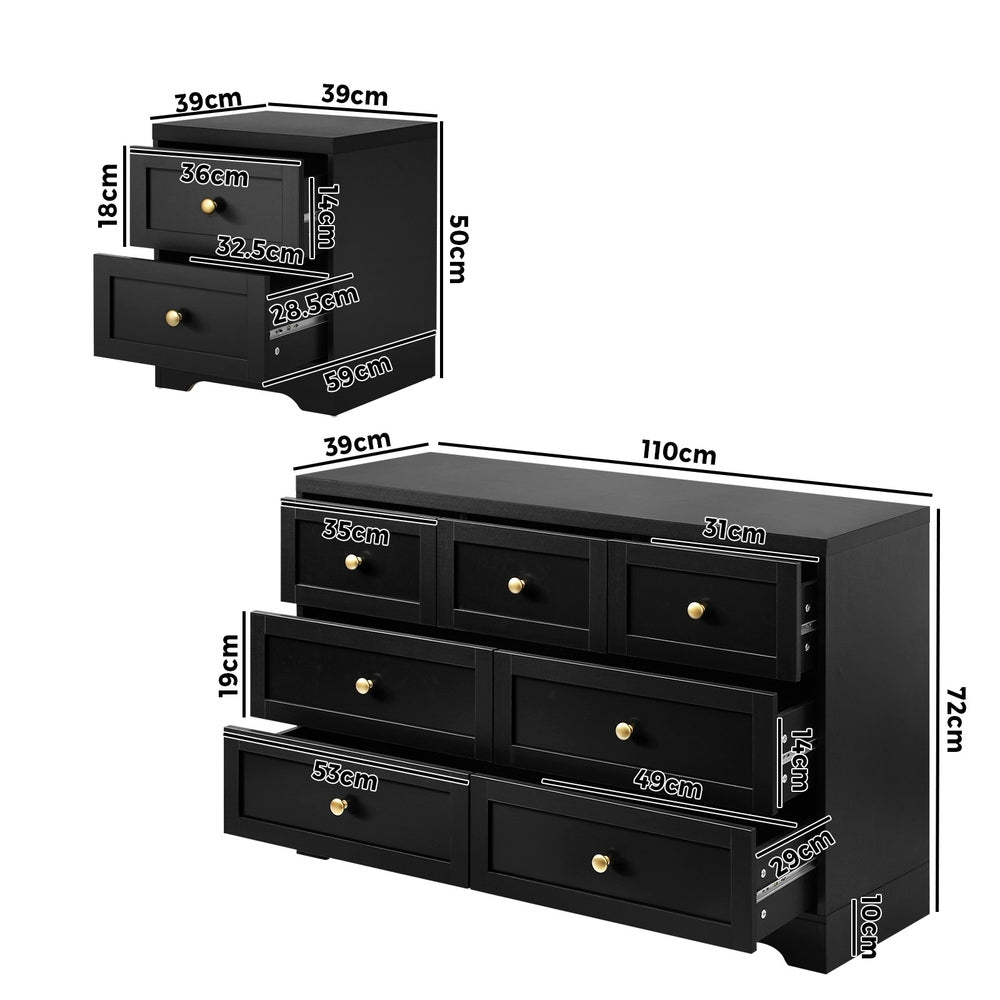 Oikiture 7 Chest of Drawers and 2 Bedside Tables Hamptons Furniture Set
