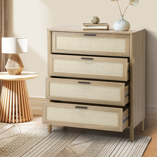Oikiture 4 Chest of Drawers Rattan Dresser Natural