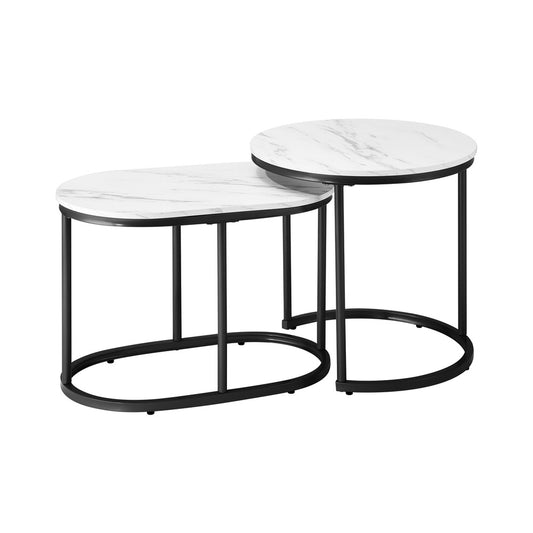 Oikiture Set of 2 Coffee Table Round Oval Marble Nesting Black