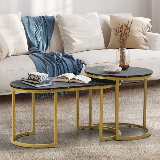 Oikiture Nesting Coffee Table Set of 2 Marble Effect Gold Black