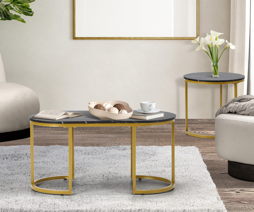 Oikiture Nesting Coffee Table Set of 2 Marble Effect Gold Black