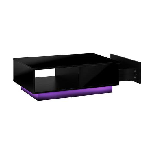 Oikiture Coffee Table LED High Gloss Storage Drawer Black