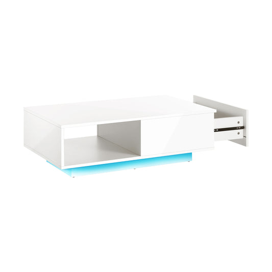 Oikiture Coffee Table LED High Gloss Storage Drawer White