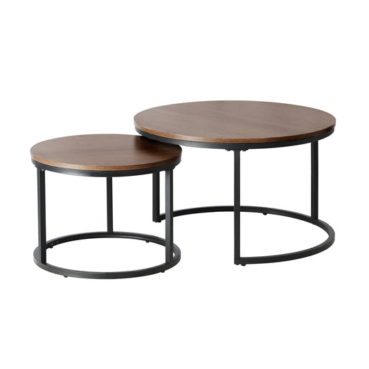 Oikiture Set of 2 Nesting Coffee Table Round Walnut&Black