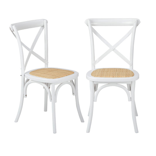 Oikiture 2PCS Crossback Dining Chair Solid Wood Ratan Seat White
