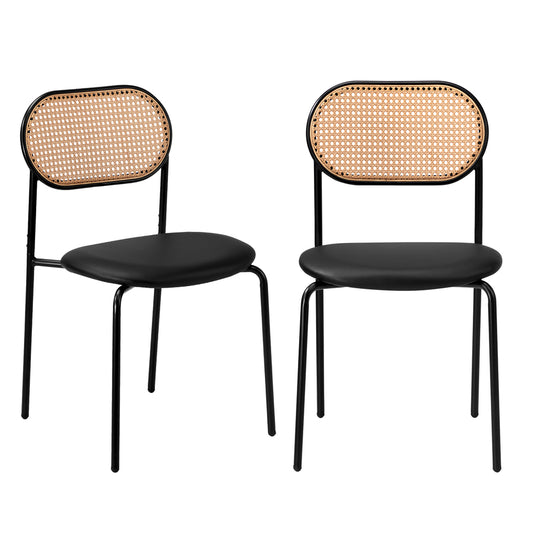 Oikiture 2PCS Rattan Dining Chair PU Leather Black