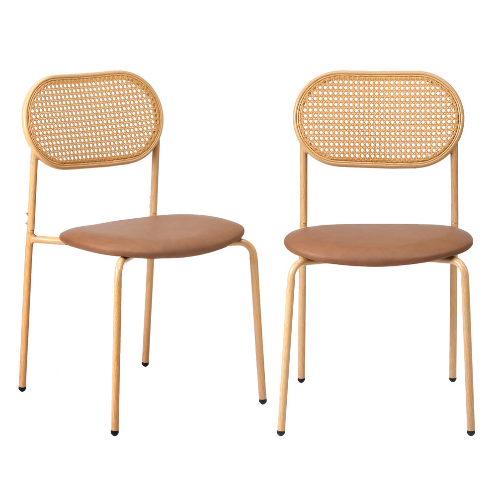 Oikiture 2PCS Dining Chair Rattan PU Leather Brown