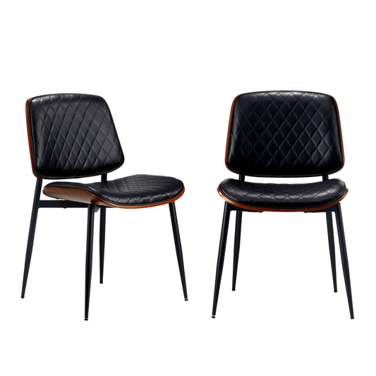 Oikiture 2x Dining Chairs Leather Seat Metal Legs Black