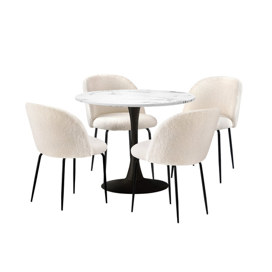 Oikiture 90cm Round Dining Table with 4PCS Chairs Sherpa White