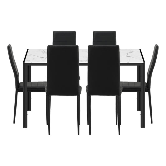 Oikiture 140cm Rectangle Dining Table with 6PCS Dining Chairs Marble White&Black