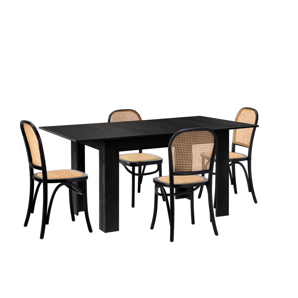 Oikiture 160cm Extendable Dining Table with 4PCS Dining Chairs Rattan Black