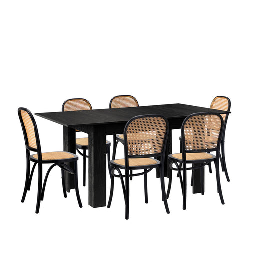 Oikiture 160cm Extendable Dining Table with 6PCS Dining Chairs Rattan Black