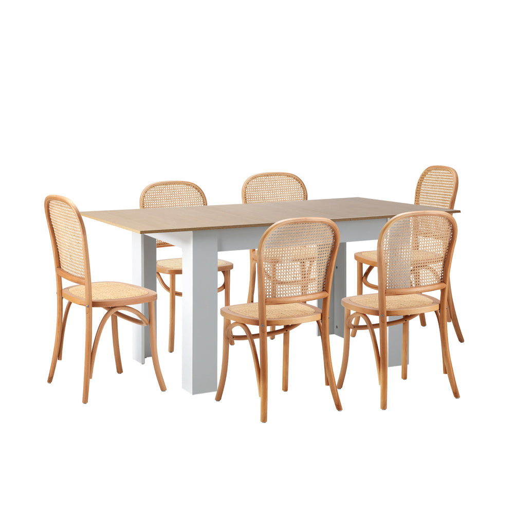 Oikiture 160cm Extendable Dining Table with 6PCS Chairs Rattan Natural