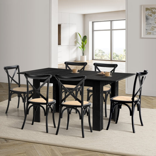 Oikiture 160cm Extendable Dining Table with 6PCS Dining Chairs Geometric Black