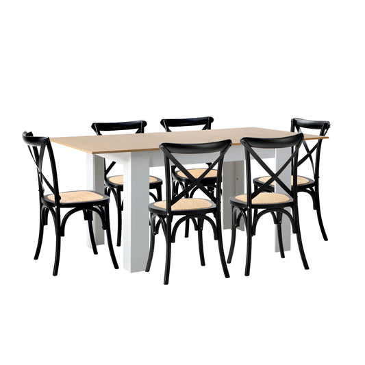 Oikiture 160cm Extendable Dining Table with 6PCS Chairs Crossback Black
