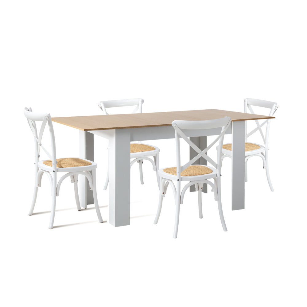 Oikiture 160cm Extendable Dining Table with 4PCS Chairs Crossback White