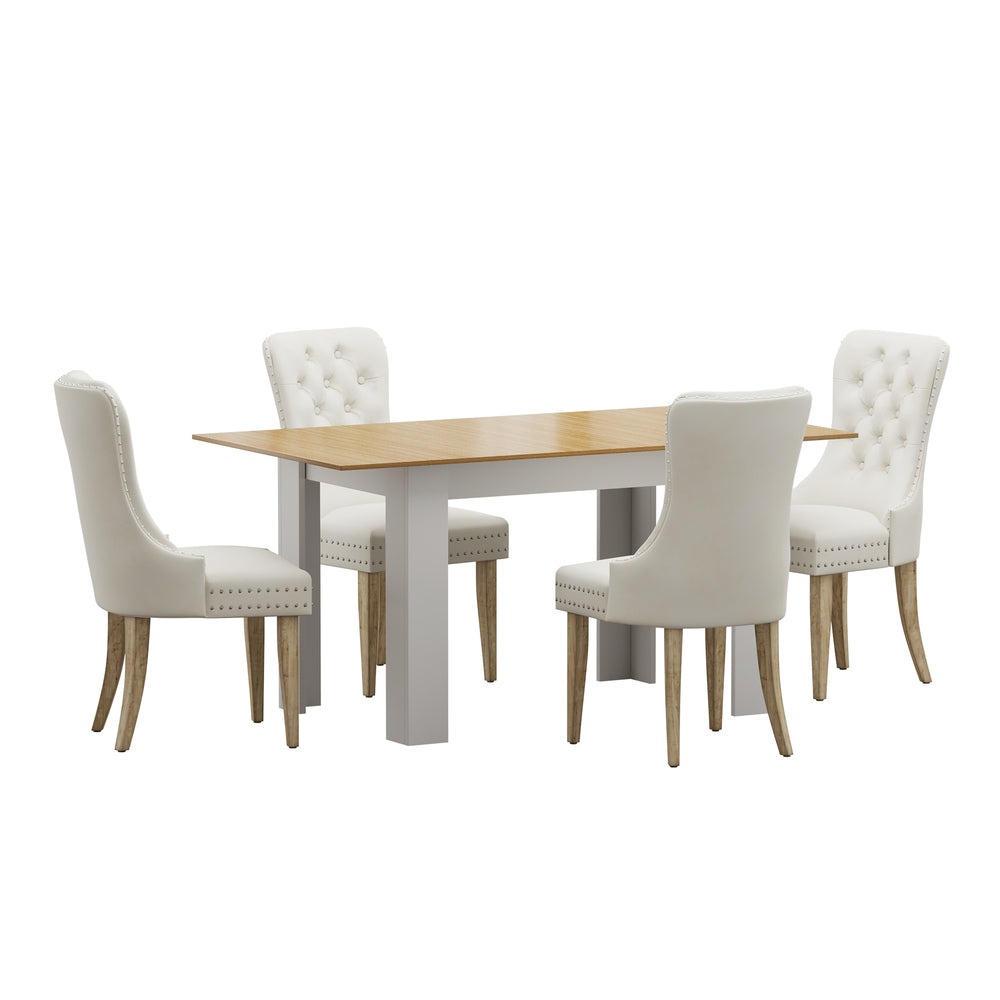 Oikiture 160cm Extendable Dining Table with 4PCS Chairs Velvet Beige