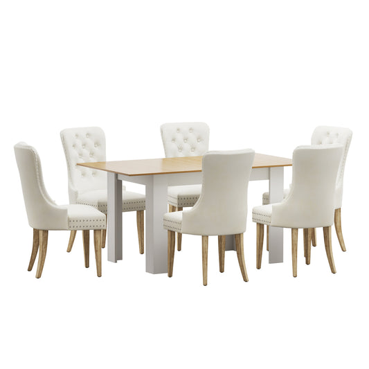 Oikiture 160cm Extendable Dining Table with 6PCS Chairs Velvet Beige