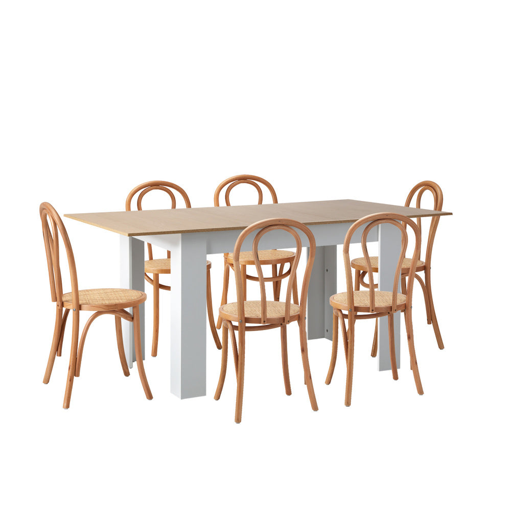 Oikiture 160cm Extendable Dining Table with 6PCS Crossback Chairs Natural