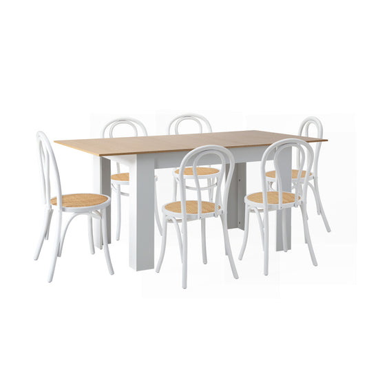 Oikiture 160cm Extendable Dining Table with 6PCS Crossback Chairs White