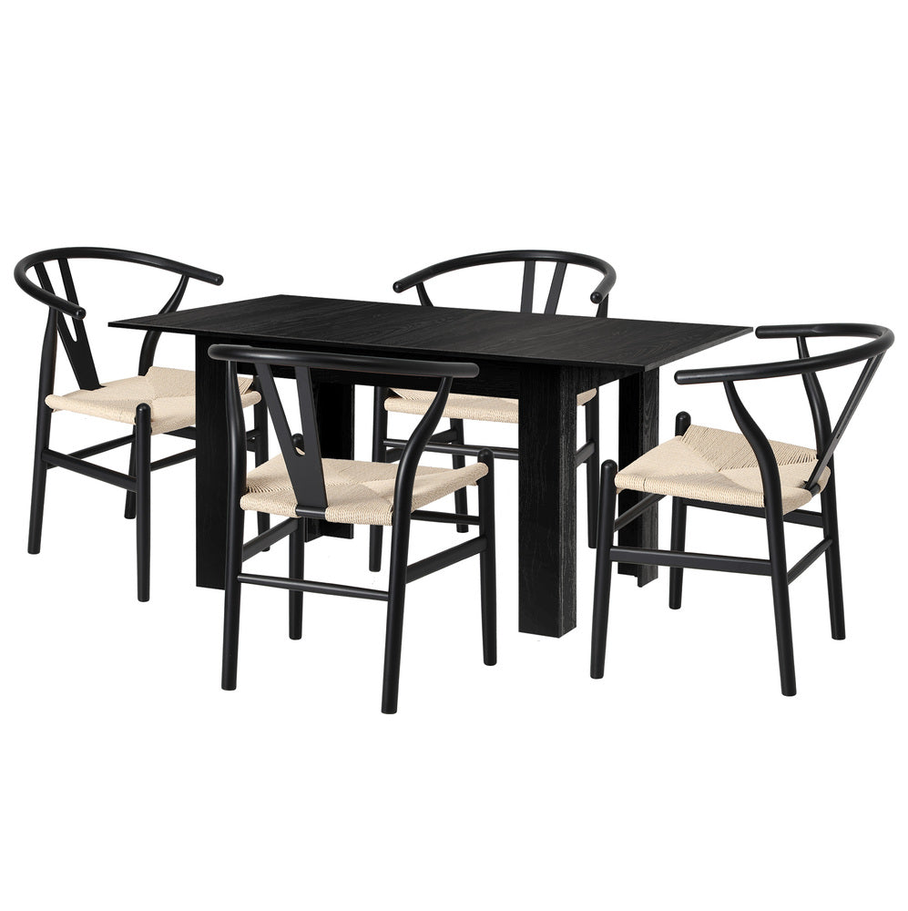 Oikiture 160cm Extendable Dining Table with 4x Hans Wegner Dining Chairs Black