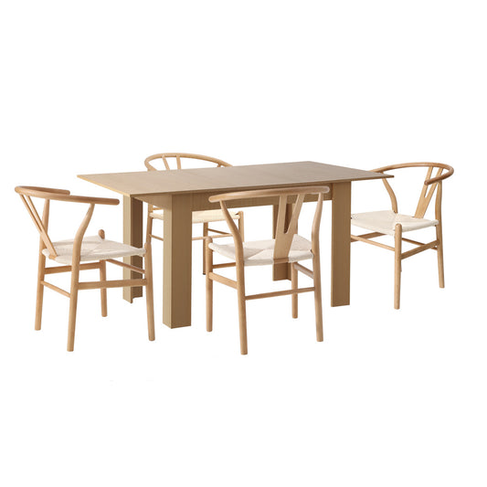 Oikiture 160cm Extendable Dining Table with 4x Hans Wegner Dining Chairs Natural