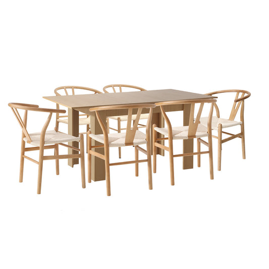 Oikiture 160cm Extendable Dining Table with 6x Hans Wegner Dining Chairs Natural
