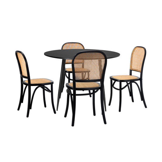 Oikiture 110cm Round Dining Table with 4PCS Dining Chairs Wooden Black