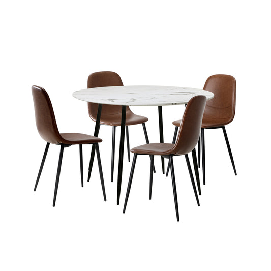 Oikiture Round Dining Table & 4PCS Dining Chairs PU Brown