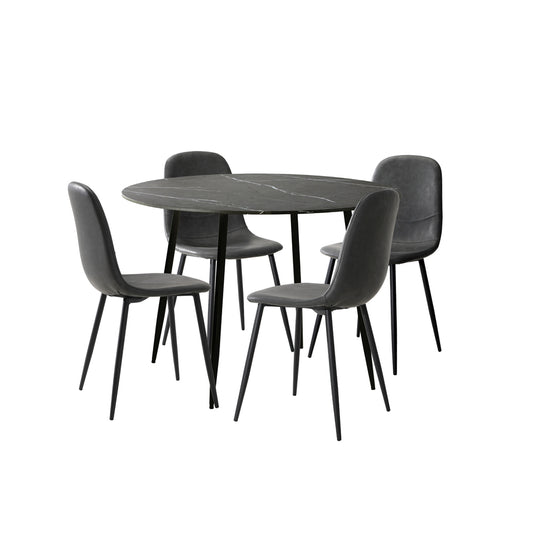 Oikiture 110cm Round Dining Table with 4PCS Dining Chairs PU Grey&Black