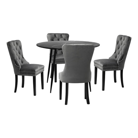 Oikiture 110cm Round Dining Table with 4 Dining Chairs Velvet Grey