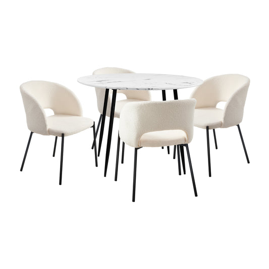 Oikiture 110cm Round Dining Table with 4PCS Chairs Sherpa White