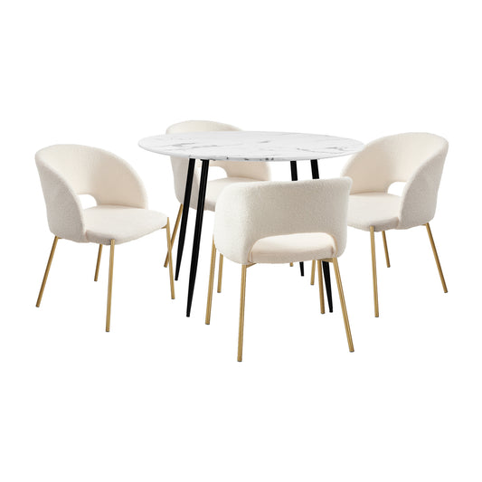 Oikiture 110cm Round Dining Table with 4PCS Dining Chairs Sherpa Gold