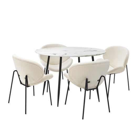 Oikiture 110cm Round Dining Table with 4PCS Chairs White Sherpa
