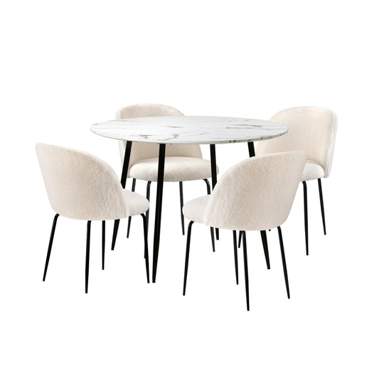 Oikiture Round Dining Table & 4PCS Dining Chairs White Sherpa