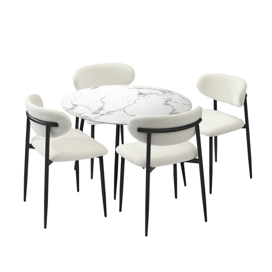 Oikiture 110cm Round Dining Table with 4x Dining Chairs Boucle Black&White