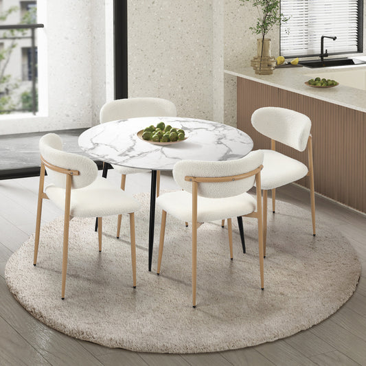 Oikiture 110cm Round Dining Table with 4x Dining Chairs Boucle White