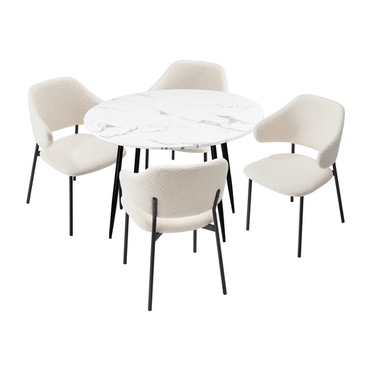 Oikiture Round Dining Table with 4PCS Chairs Sherpa White